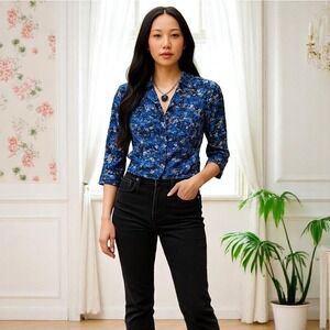 Vintage 80s Blue Floral Cropped Shacket Pearl Buttons Granny Chic Jacket Large‎